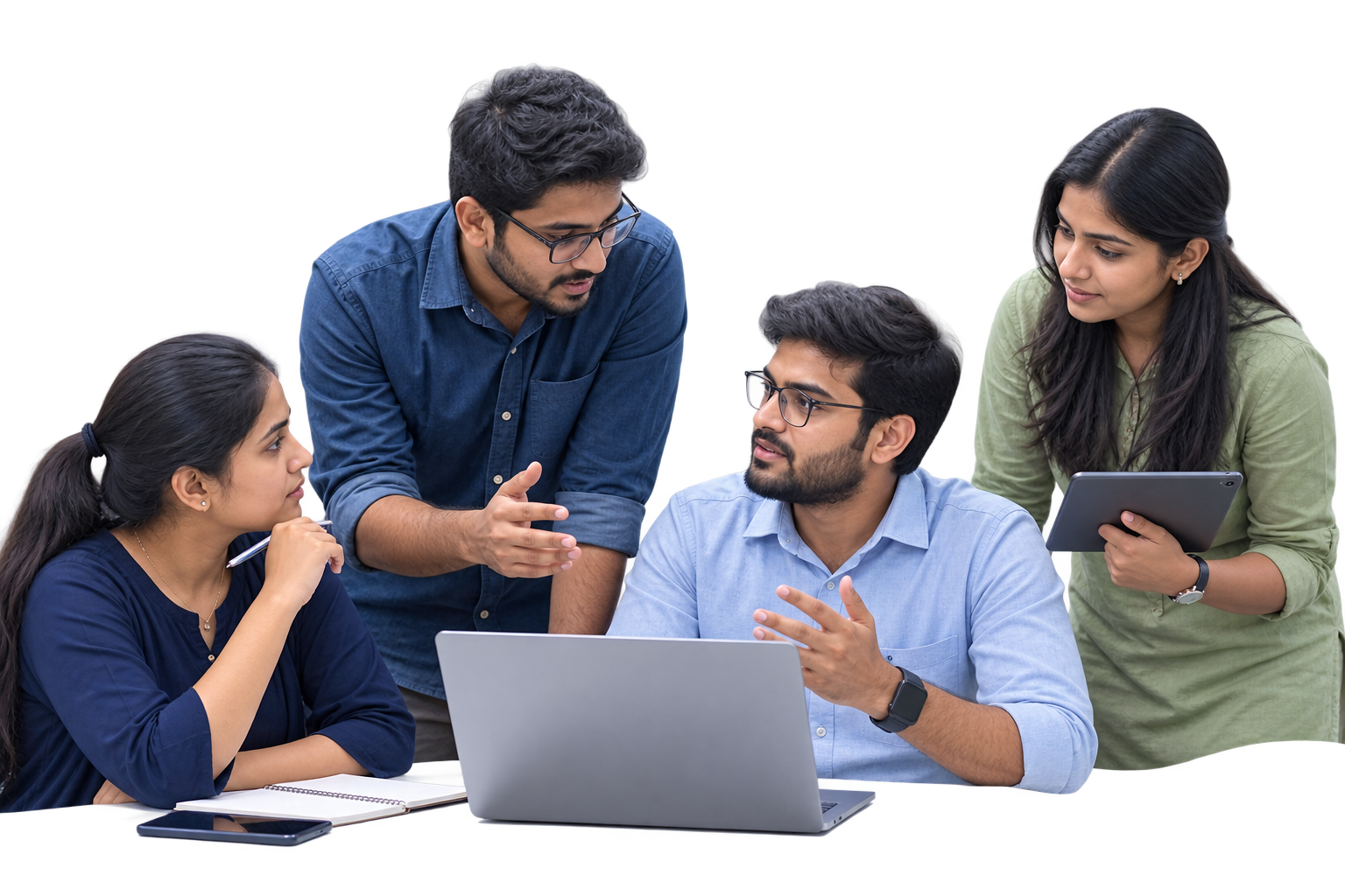 Software research and development team discussing ideas around a laptop